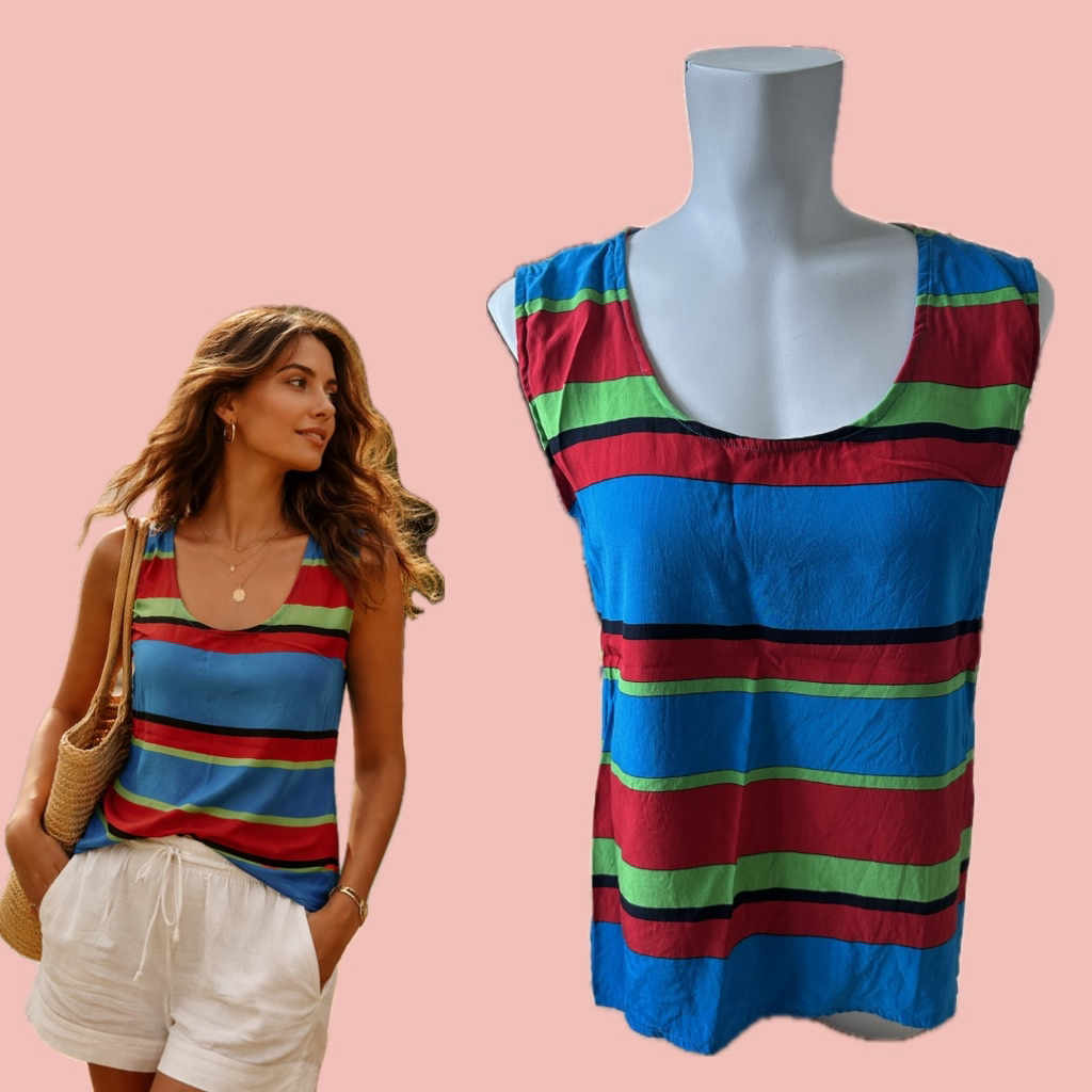 100% Silk Color Block Striped Top Size 8 Made In Canada Bright Summer